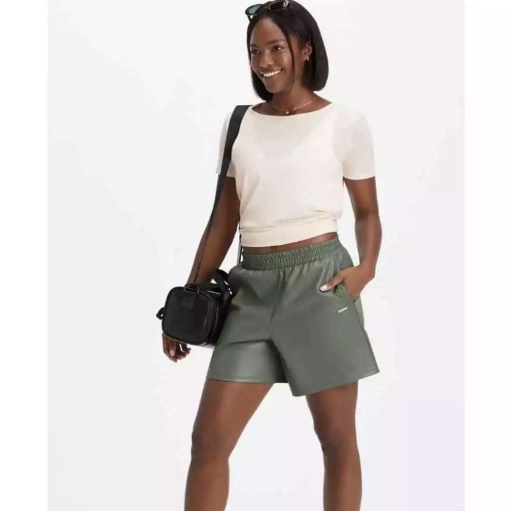 NWT Fabletics Vegan Leather High Elastic Waisted Shorts Size Small Smoke Green